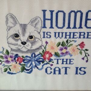 "HOME IS WHERE THE CAT IS" Cross Stitched Finished and Framed "Astor Place" Kit